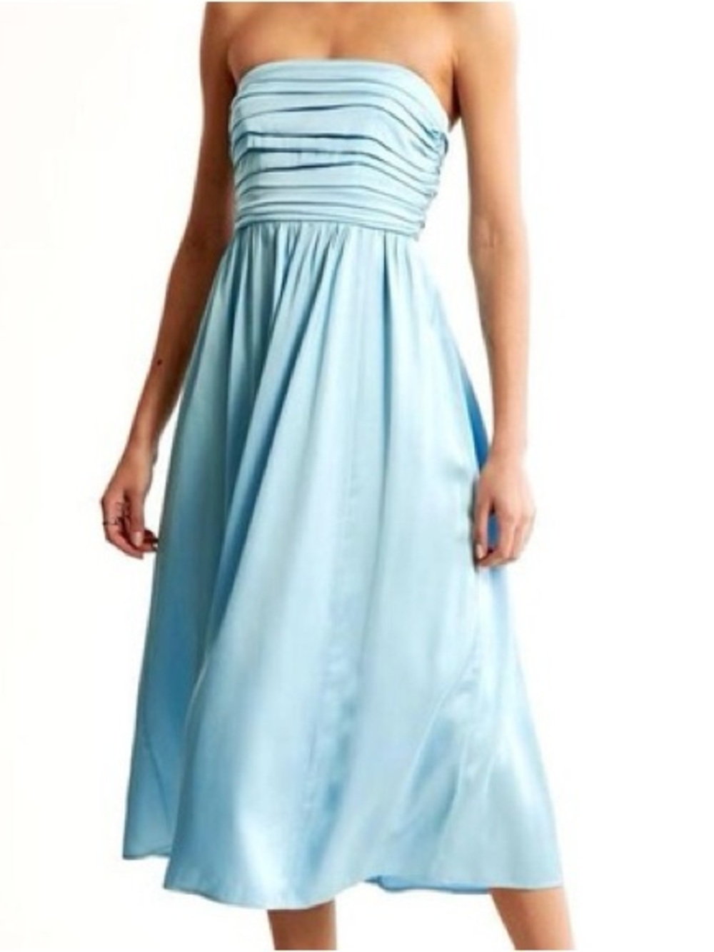 Abercrombie & Fitch Satin Emerson Ruched Strapless Midi Dress, Blue L NWT